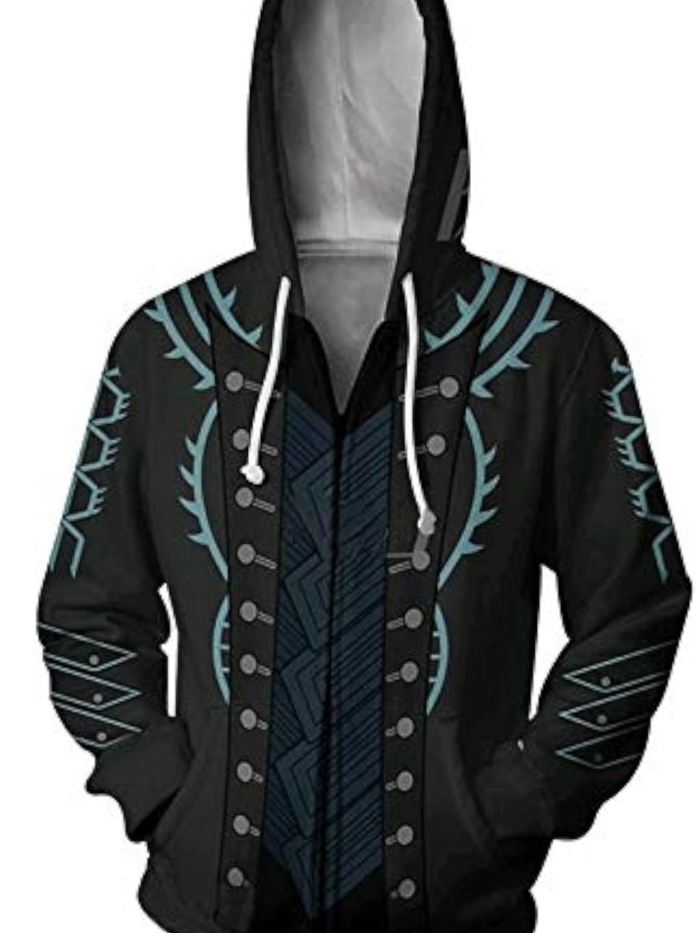 Black Graphic Hooded Zip-Up Jacket with Teal Accents